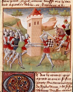 Lancelot du Lacin taistelevat ritarit Miniatyyri, joka on otettu mestarin Charles de Mainen ”” Roman du Chevalier Tristanista” (Beroul-versio). 1440-1460. Chantilly, Condé-museo