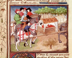 Tristanin Lucan-haavat Miniature otettu mestarin Charles de Mainen "romaanisesta du Chevalier Tristanista" (Beroul-versio)