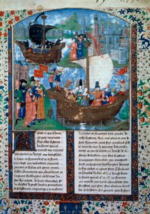 Tristan ja Iseult (Isolde tai Yseult) lähtevät Irlannista, Tristan juo rakkaussuodattimen. Syvällä sisimmässään heidän ruumiinsa tuodaan takaisin Irlantiin. Miniatyyri käsikirjoituksesta ms. 103 f.1 Tristanin romaani””, joka on katsottu Mainen mestari Char