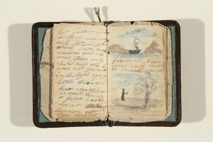 Tarinan alku "Oli kerran pieni tyttö ja hänen nimensä oli Ane, n. 1828 (kynä & muste ja akvarelli paperille)