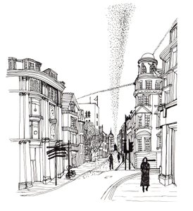 Cornmarket Street, 2019 (kynä ja muste) tekijältä Charlotte Orr