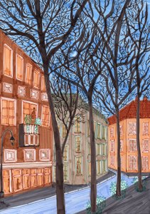 Friedrichshain at Night, 2017 (siveltimen kynät) tekijältä Charlotte Orr