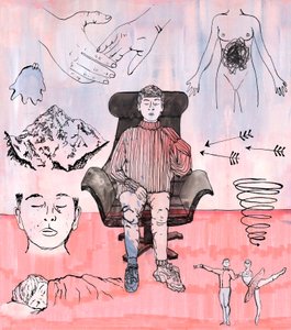 Therapy Illustration, 2018 (muste ja akryyli) tekijältä Charlotte Orr