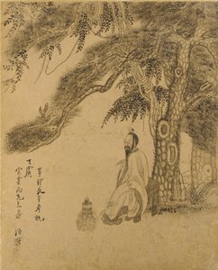 Eliksiirin valmistus männyn alla, Qing-dynastia, 1651 (muste kultapaperille) tekijältä Chen Hongshou