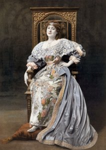 Ranskalainen koomikko Julia Bartet (1854-1941) Marion de Lormen roolissa näytelmässä "Marion de Lorme" Comedie Francaisessa, Pariisissa, valokuva Cheri Rousseau ranskalaisesta "Le Theatre" -lehdestä 1. heinäkuuta
