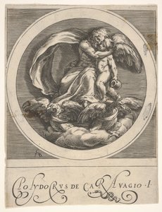 Jupiter, istuu kahden kotkan yläpuolella ja syleilee Cupidoa, pyöreä sävellys sarjasta..., n. 1590. tekijältä Cherubino Alberti
