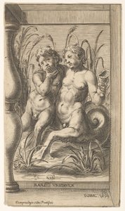 Kaksi tritonia halaamassa, toinen soittaa pannupilliä, toisessa kädessään kotilo, joka on asetettu ..., 1579. tekijältä Cherubino Alberti