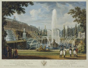 Näkymä Suurelle vesiputoukselle, Simson-suihkulähteelle ja suurelle palatsille Peterhofissa, 1800-luvun alku. tekijältä Chessky