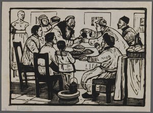 Juodaan drinkki uudenvuodenaattona, n.1945 (puupiirros) tekijältä Chi Kwei Sung