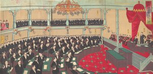 Kuva Peers Housen keisarillisesta kokouksesta Teikoku gikai kizokuin no zu..., 1890.