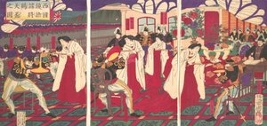 Kuva komentajista, jotka rauhoittivat Länsi-Japania, vastaanottamassa keisarin G..., heinäkuu 1877.
