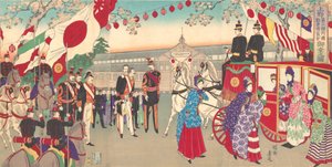 Keisarinnan vierailu kolmanteen kansalliseen teollisuuden myynninedistämisnäyttelyyn Ueno Parkissa ..., 1889.