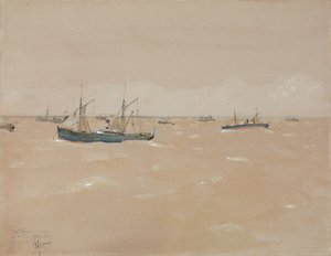 Hedelmähöyrylaivat ratsastamassa Espanjan rannikolla tekijältä Childe Frederick Hassam