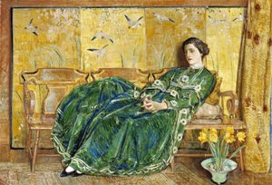 Huhtikuu: (Vihreä puku) tekijältä Childe Hassam