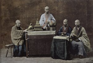 Ryhmä kiinalaisia bonzeja; kaiverrettu ja painanut Gilot; 1896, kiinalainen koulu, (1800-luku) tekijältä Chinese School