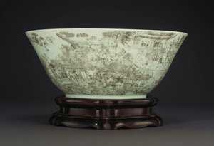Suuri posliinikulho, joka kuvaa jatkuvaa kohtausta naisista palatsin alueella, 1796-1820 tekijältä Chinese School