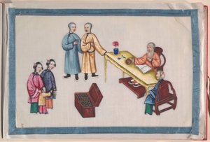 Albumi, 1800-luvun loppupuoli (kahdentoista lehden albumi; tussi ja väri piikkipaperille, sidottu punaiseen damastiin). tekijältä Chinese School