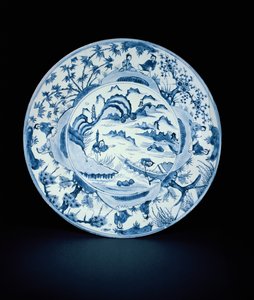 Sinivalkoinen astia, joka on maalattu kalastajilla jokinäkymässä, Tianqi tai Chongzheng, 1620-30 (posliini)