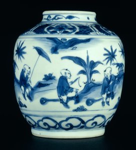 Sinivalkoinen purkki, jossa pojat leikkivät harrastushevosilla, Wanli tai Chongzheng, 1600-30 (posliini) (ks. 206093, 206095, 206096)