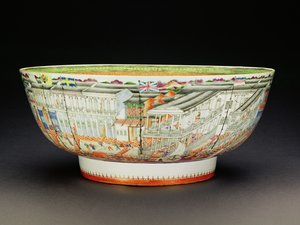 Kulho, koristeltu mandariinipaletilla, jossa on kohtaus kappaleesta Songs in Canton, Qianlong Period, n. 1770 (posliini) (katso 205912)