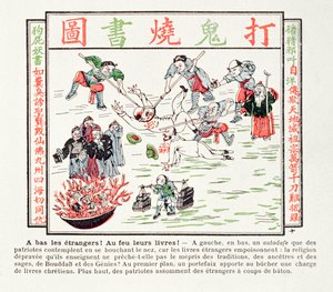Myrkyllisten kristillisten kirjojen polttaminen, jotka halveksivat perinteitämme, esi-isiämme, viisaittemme ja Buddhan viisautta, 1891 tekijältä Chinese School