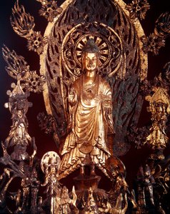 Yksityiskohta Buddha Maitreyalle omistetusta alttaritaulusta, 524 (kullattua pronssia) tekijältä Chinese School