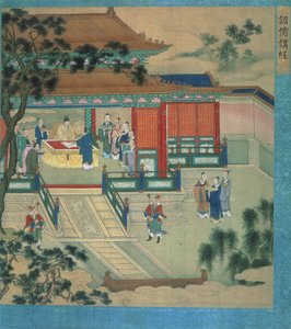 Keisari Hsien Ti (fl.189-220) klassisia tekstejä kääntävien tutkijoiden kanssa Kiinan keisarien historiasta (väri silkillä) tekijältä Chinese School