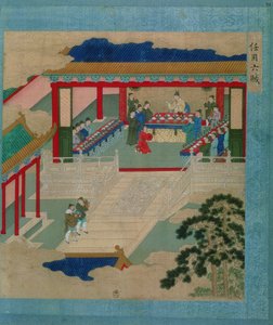 Keisari Hui Tsung (r.1100-26) osallistuu festivaaleille, joissa hän juo jalokivestä tehdystä kupista, Kiinan keisarien historiasta (väri silkillä) tekijältä Chinese School