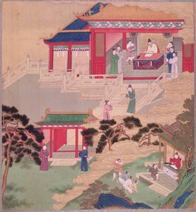 Keisari Tai Tsung (r.762-779) lukee lääketieteellistä kirjaa Kiinan keisarien historiasta (väri silkillä) tekijältä Chinese School