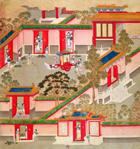 Keisari Wu Ti (156-87, r.141-87 eKr.), jättää palatsinsa Kiinan keisarien historiasta (väri silkillä) tekijältä Chinese School