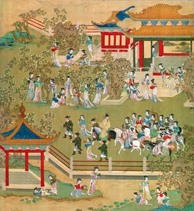 Keisari Yang Ti (581-618) kävelee puutarhassaan vaimoineen Kiinan keisarien historiasta (väri silkillä) (katso myös 176855) tekijältä Chinese School