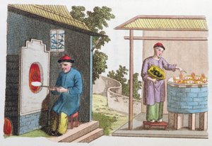 Posliinin poltto Kiinassa 1700-luvun lopulla, teoksesta La Chine en Miniature, J.B. Breton, Pariisi, toimittanut Nepveu, 1811 (värikaiverrus)