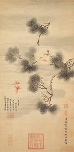 Viisi lepakkaa männyn oksassa, 1844 tekijältä Chinese School