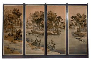 Nelikertainen seula samettipaneeleilla, kudottu jokimaisemalla grisaillen sävyillä tekijältä Chinese School