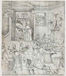 Lazarus rikkaan miehen talossa, lautanen Giulio Alenis Tianzhu jiangsheng zhuxiang jingjie (Kuvitettu historia Taivaan Herrasta, joka tuli lihaksi), Jinjiangin kirkko, Fu tekijältä Chinese School