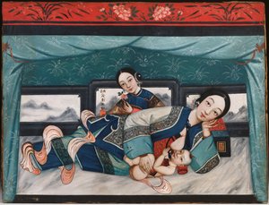Imettävät äidit vauvojen kanssa ja naishoitaja, n. 1870 tekijältä Chinese School
