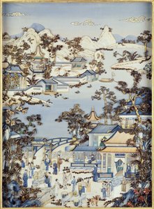 Paneelit, jotka kuvaavat hahmoja terassilla, Qianlong-kausi, 1736-95 (monivärinen norsunluu) (yksi parista) (katso 206571, 206573) tekijältä Chinese School