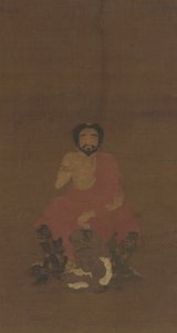 Sakyamuni istuu kolmen demonin kaltaisen olennon päällä, mahdollisesti Yuanin varhainen Ming-dynastia, 1300-1400-luku