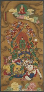 Buddhalainen suojelija Mahabala, buddhalaisen maan ja veden rituaalisetistä (muste, värit ja kulta silkillä) tekijältä Chinese School