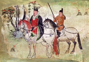 Kaksi ratsumiestä maisemassa, Bodhisattva ja hänen Equerrynsä, Tang-kausi (maalattu kivi) tekijältä Chinese School