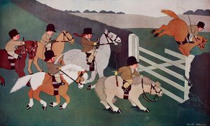 The gate crashers, jockeyt hevosen selässä, Chloe Prestonin (1887-1969) pilapiirros The Tatler -lehdestä, nro 1435, 26. joulukuuta. tekijältä Chloe Preston