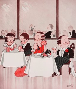 Kaupungin hiiret ja maalaishiiret, hienostuneet kansalaiset vastaan hienostumattomat maalaismiehet, ravintolakohtaus, Chloe Prestonin (1887-1969) piirros, The Tatler, nro 1384, tammikuu 4 tekijältä Chloe Preston