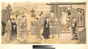 Naamioitu kohtaus Genjin tarinasta (Fūryū Yatsushi Genji), luku 33, "Sinisateen lehdet (Fuji no uraba)" tekijältä Chobunsai Eishi