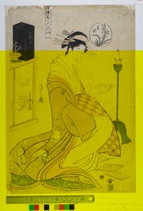 Vihreiden talojen kaunokaiset kuudena runoilijana (Seiro bijin rokkasen). n. 1794-1795 (puupainatus paperille) tekijältä Chobunsai Eishi