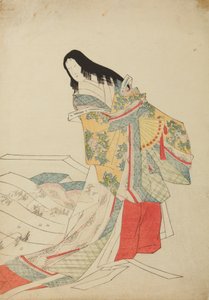 Seisova hovinainen viuhkan kanssa, laatta albumista "Nishiki-zuri onna sanju e-zukushi" tekijältä Chobunsai Eishi