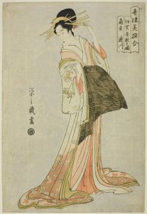 Ogiyan Takigawa uuden vuoden ensimmäisessä alennusmyynnissä (Hatsu uri zashiki no zu), sarjasta "Pleasure Quartersin valittujen kaunokaisten vertailu (Seiro bisen awase)" tekijältä Chobunsai Eishi