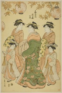 Kurtesaani Hanaogi Ogiyasta, lastenhoitajat Yoshino ja Tatsuta tekijältä Chobunsai Eishi