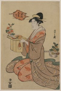 Nainen pitelee krysanteemeilla koristeltua puista kuppitelinettä..., 1790-luvun puoliväli. tekijältä Chobunsai Eishi
