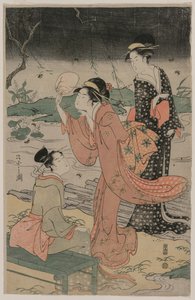 Naiset virran vieressä jahtaavat tulikärpäsiä, 1790-luvun puoliväli. tekijältä Chobunsai Eishi