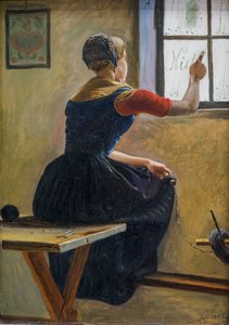 Nuori jyllantilainen maalaistyttö kirjoittaa ystävänsä nimen sumuiseen ikkunaruutuun. tekijältä Christen Dalsgaard